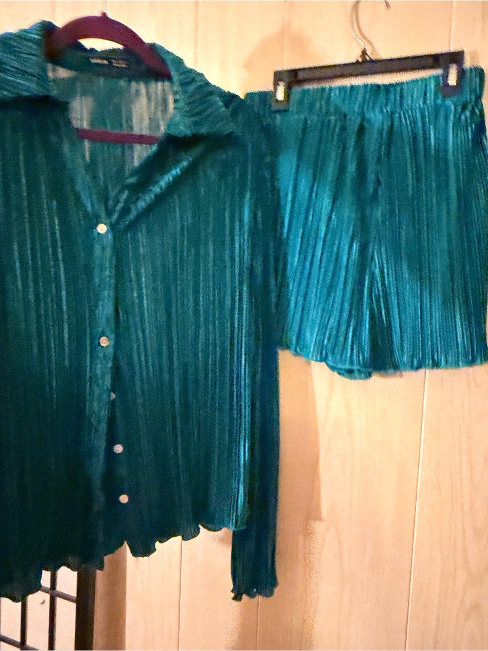 Teal Pleated Button-Down Top & Shorts Set